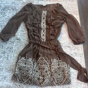Freeway Brown Long Sleeve Dress with Embroidery
